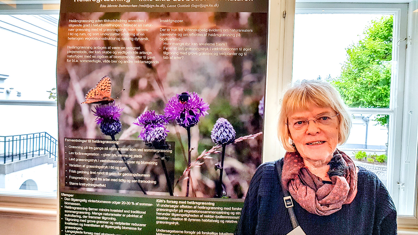 Rita Buttenschøn, seniorrådgiver ved KU, mødte op på konferencen med en poster, der fortalte, at helårsgræsning ikke altid er det bedste for naturen. I stedet anbefaler hun, at naturen med års mellemrum afbrændes af hensyn til biodiversiteten