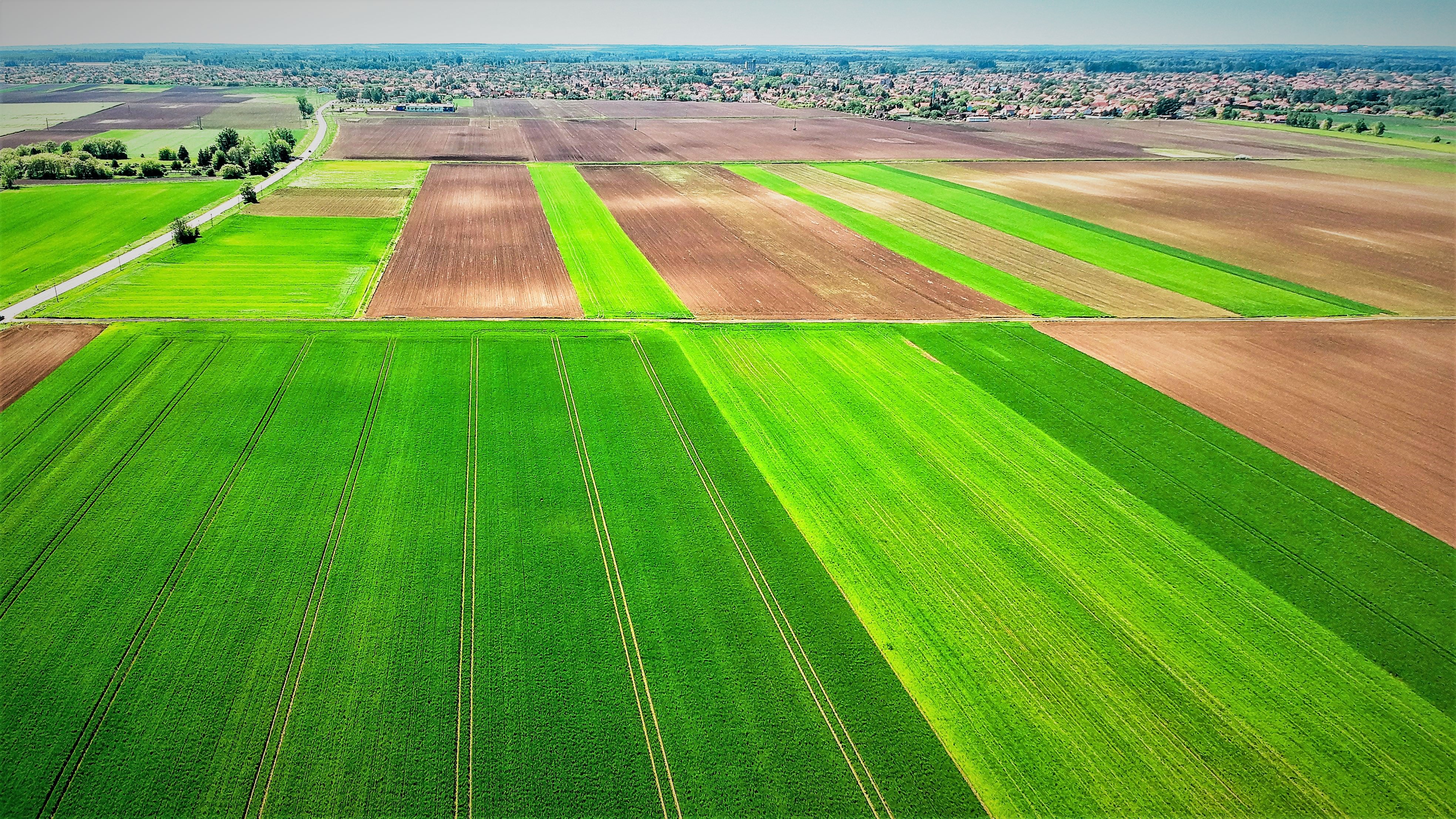 Et billede fra luften viser landbrugsmarker og en by i baggrunden