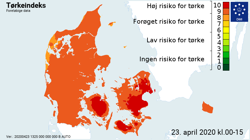 Kort fra DMI viser tørkeindekset i Danmark for april 2020