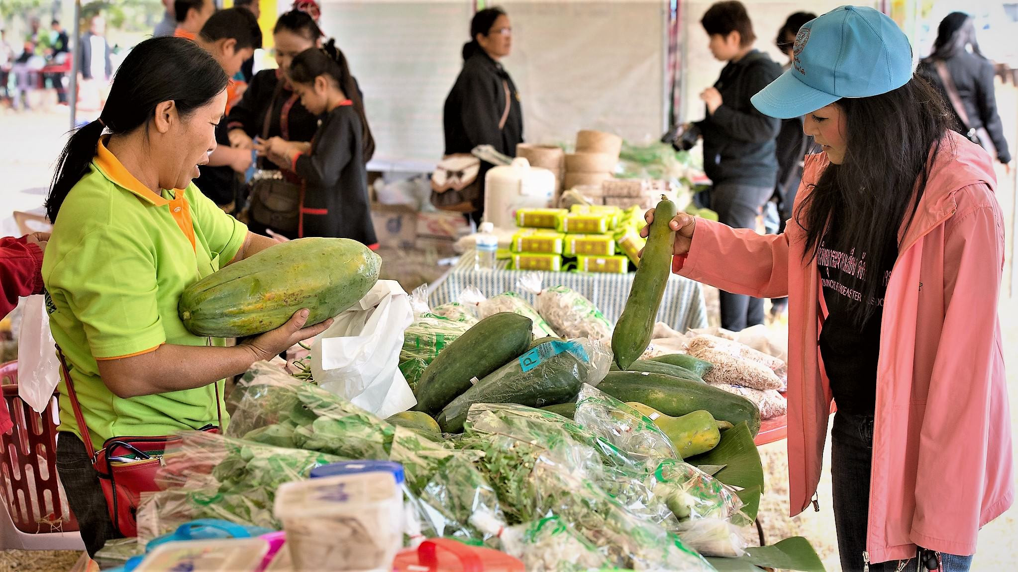 Thailandske bønder fremviser økologiske grønsager på et lokalt marked