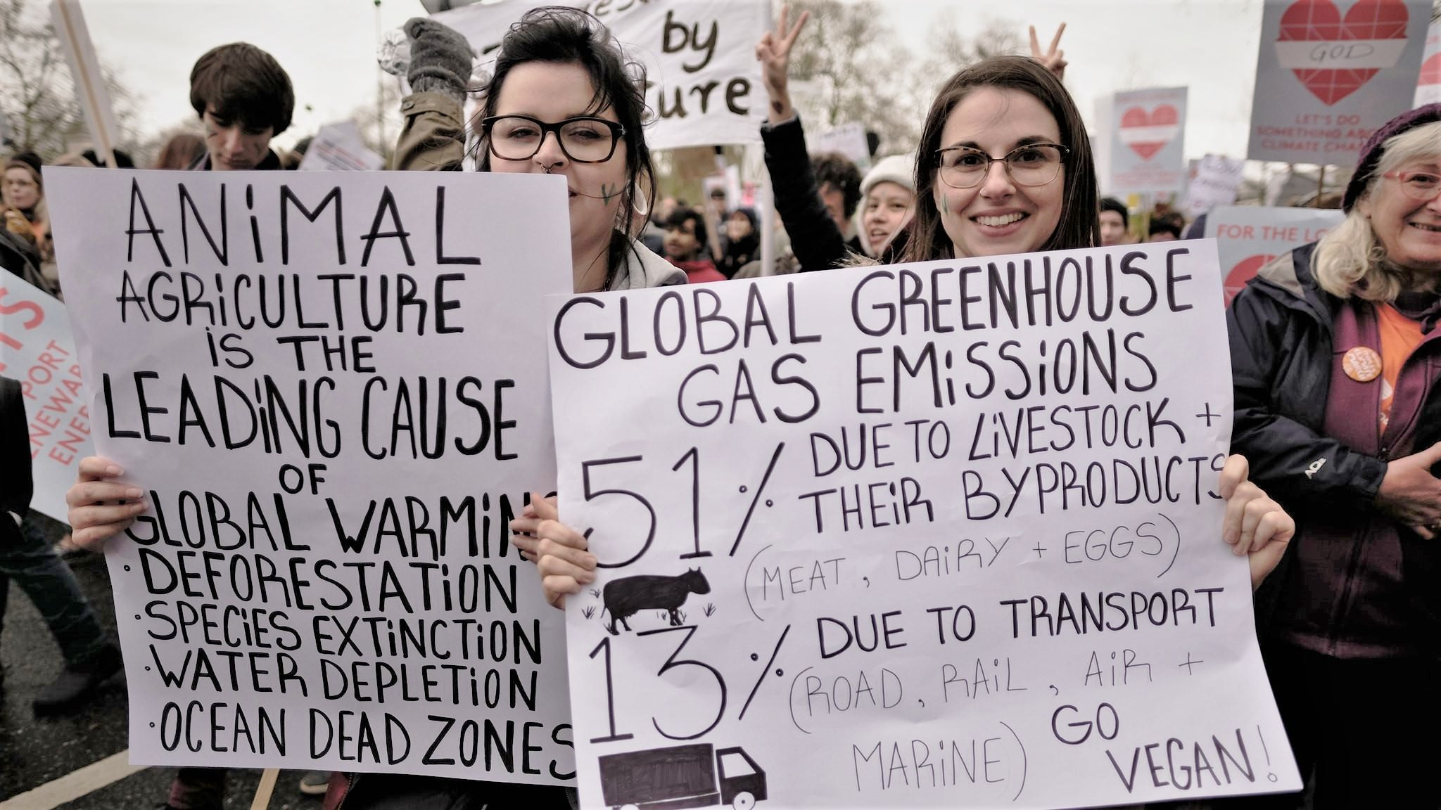 To kvinder står med hjemmelavede papskilte, der protesterer mod kød- og mejersektorens klimabelastning - bagved ses mange andre demonstranter