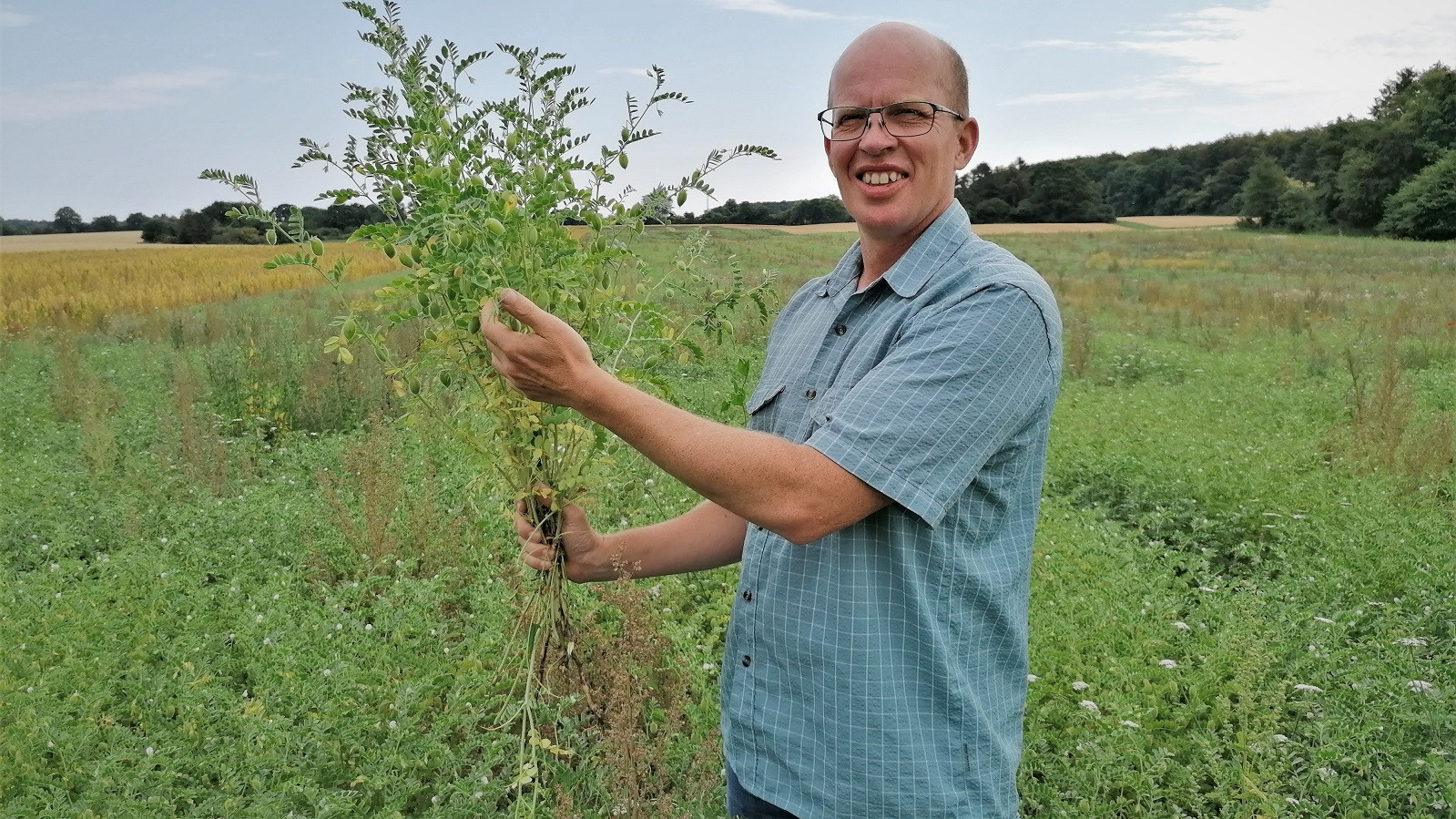 Jesper Fog-Petersen står på en mark med en kikærteplante