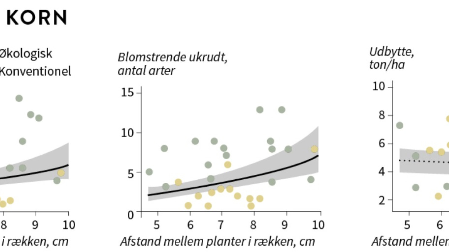 Svensk undersøgelse viser, at det ikke påvirker udbyttet at gå fra fem til ti cm’s planteafstand i kornrækken (højre). Til gengæld stiger både mængden af blomster (venstre) og antallet af blomstrede arter (midt).