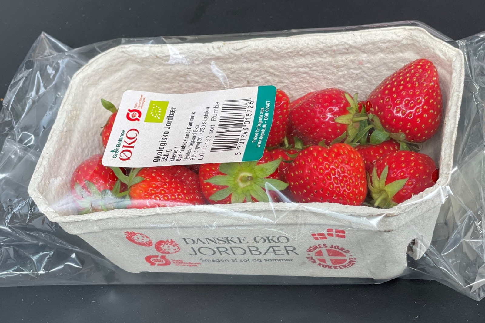 Bakke med økologiske jordbær fra dansk økolog