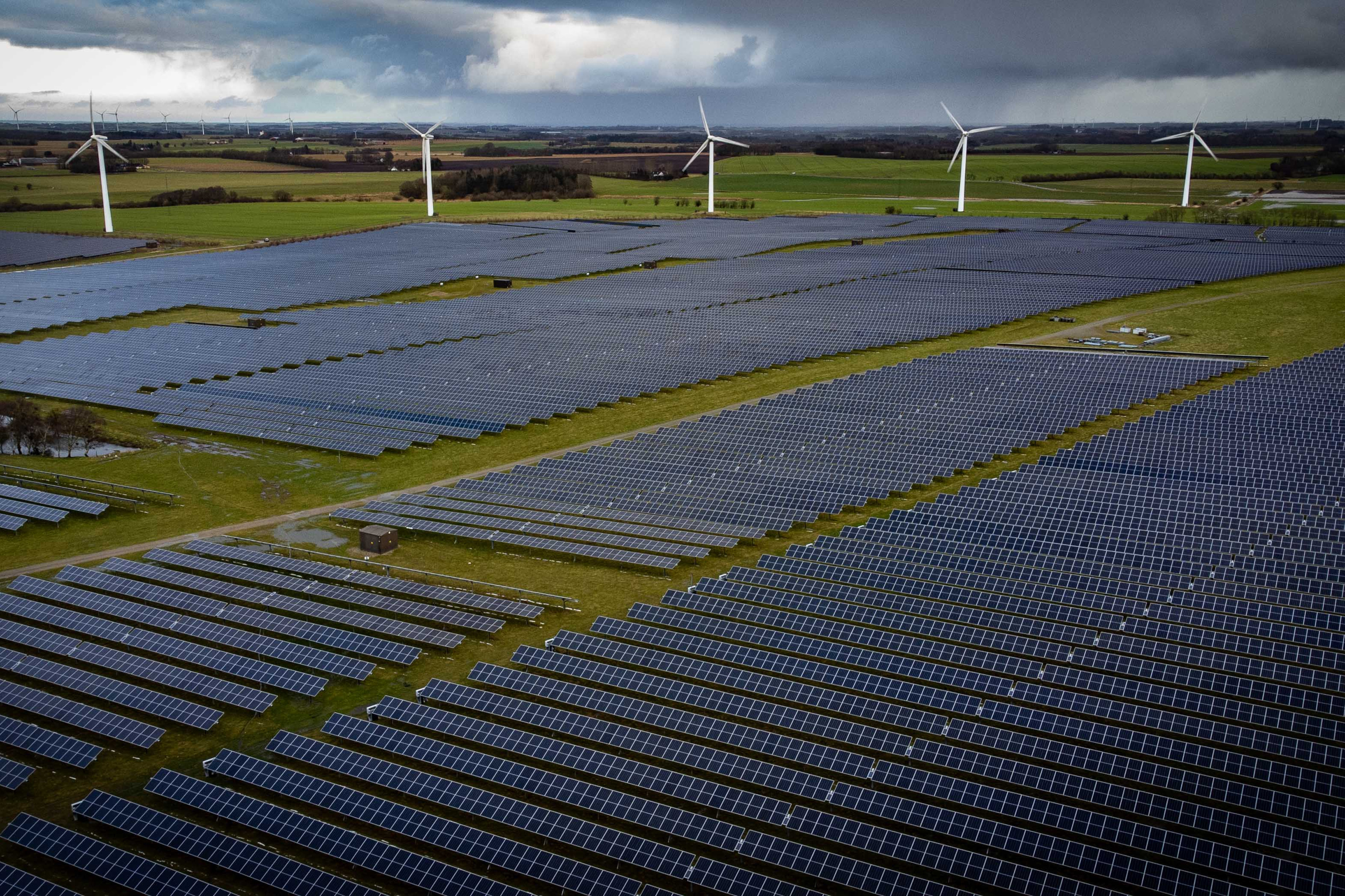 På billedet ses solceller og vindmøller på Harre Solarpark i Salling