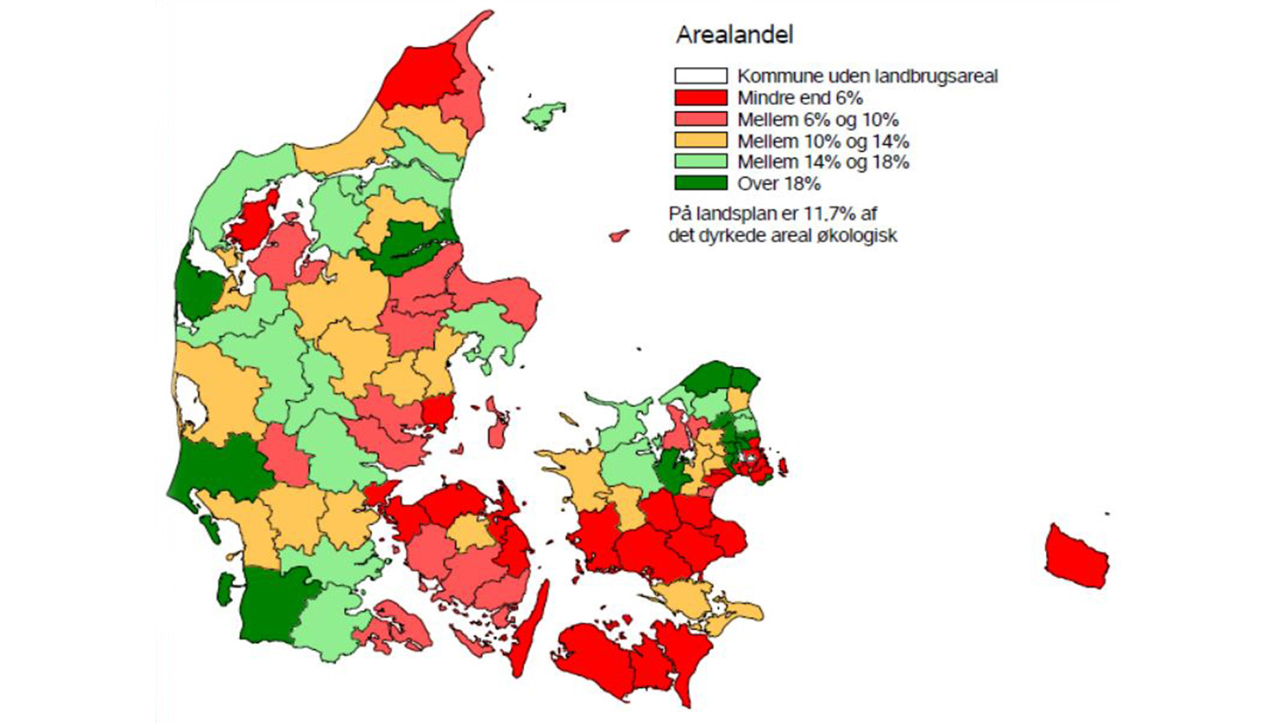 På kortet ses økologiprocenten i 2023 i forhold til areal fordelt på landets kommuner - de røde kommuner har den laveste andel